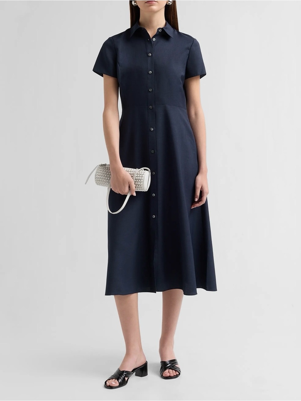 Theory Navy Linen Blend Midi Shirt Dress Short Sleeve - Picture 2 of 12